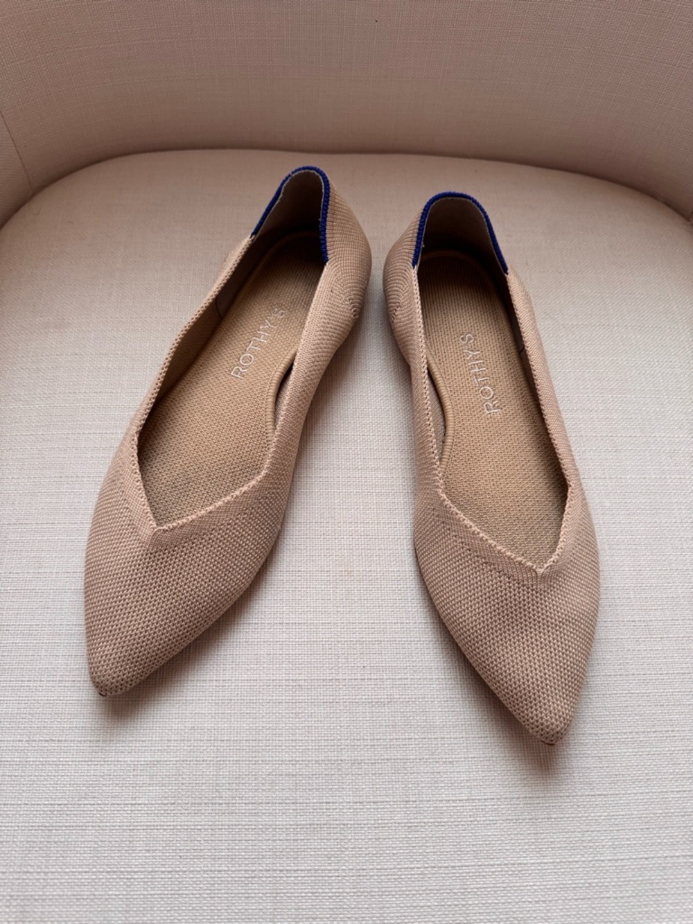 Rothy's Pointed Knit Flats in Beige with Navy Trim